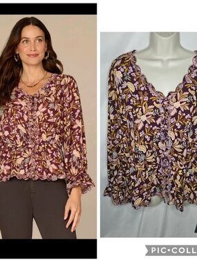 New Democracy Long Tie Sleeve Floral Print Scallop Edge Embroidery Woven Top XL